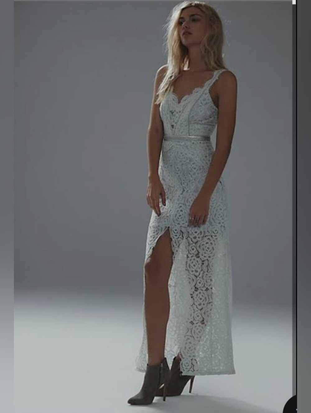 Free People Rose Lace Column Evening Formal Eyelash Maxi Dress 6 Pale Mint